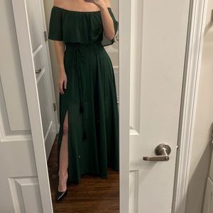 Baltic Born Victoria off-the-shoulder maxi dress with slit. Green. Size M